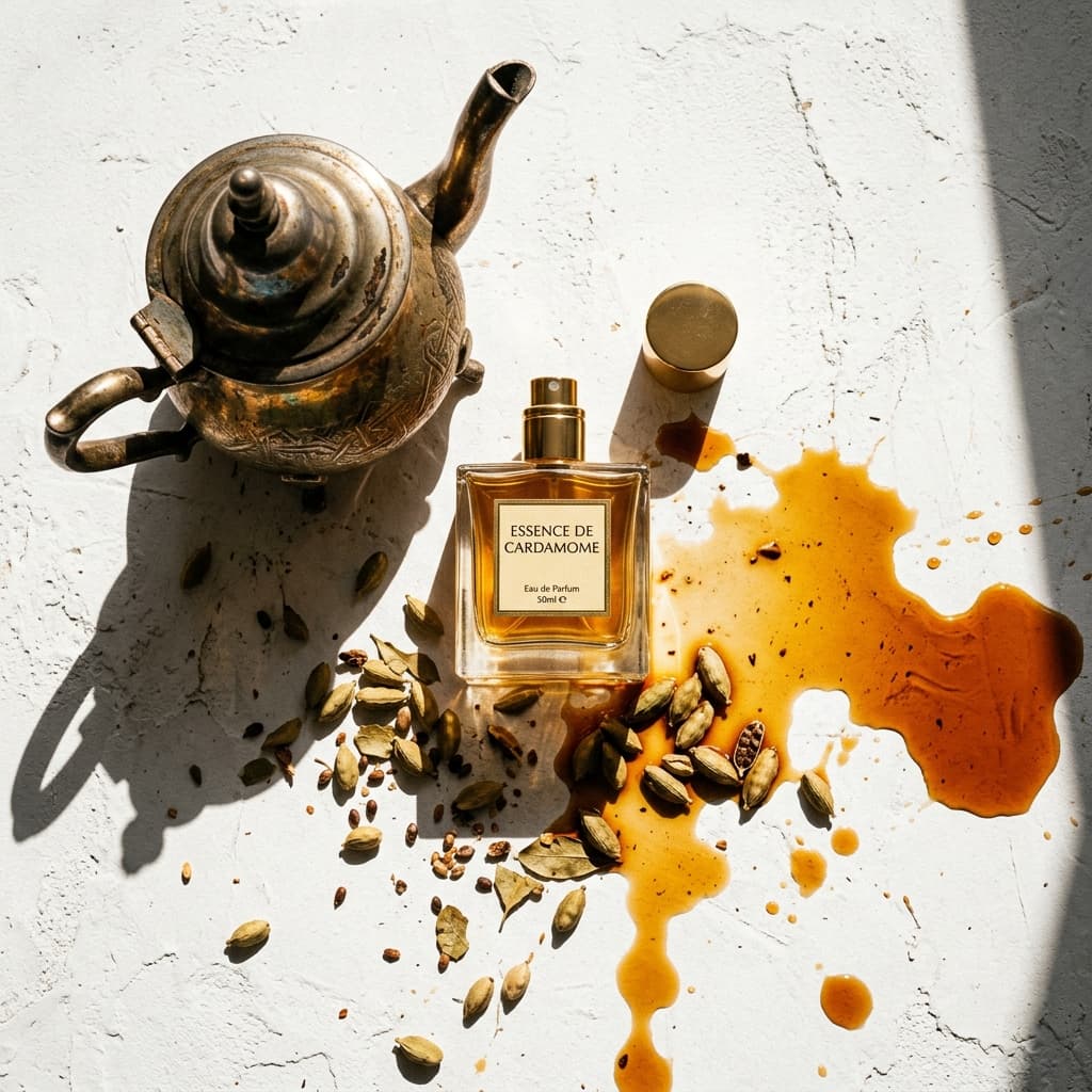 Devogue perfume bottle styled with cardamom and spice, evoking the scents of home